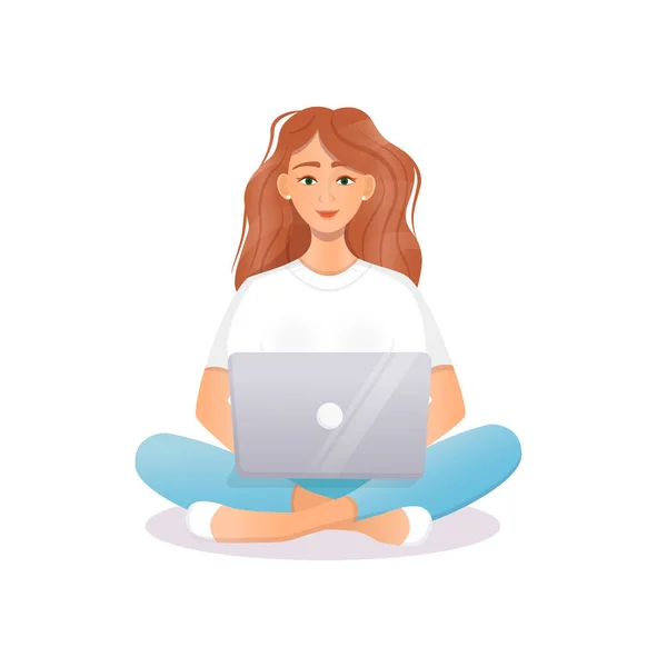 Woman sits at a laptop while sitting in nature. Flat vector illustration of freelance, work at home, work, office, education. Remote work and communication in social networks. Cartoon style — Stock Vector