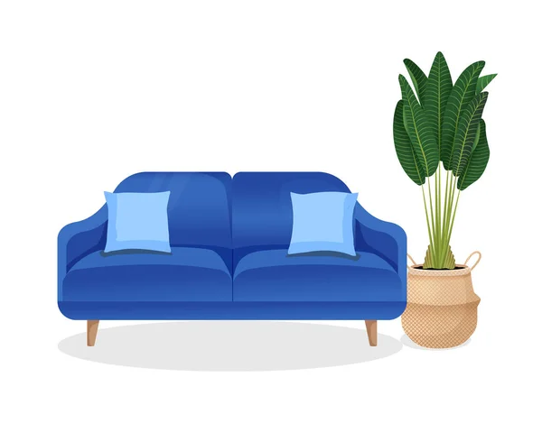 舒适舒适的豪华蓝色沙发 有枕头和一个独立的白色背景的菲克斯家庭植物 室内设计用时髦家用沙发的矢量插图 现代家具 — 图库矢量图片