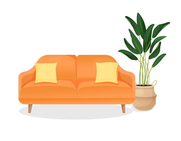 Bequemes Orangefarbenes Luxus Sofa Mit Gelben Kissen Und Einer Ficus — Stockvektor