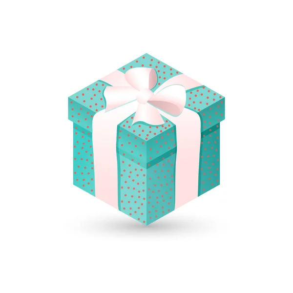 Blue polka dot gift box with bow and ribbon on white isolated background. Realistic 3D gift for New Year, Christmas, Birthday, Valentines Day, holiday, party. Vector illustration. — Stock Vector