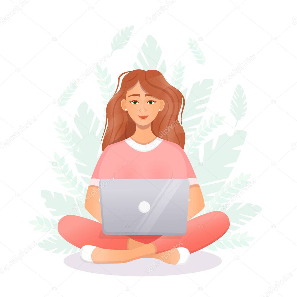Cute woman sits at a laptop while sitting in nature. Flat vector illustration of freelance, work at home, work, office, education. Remote work and communication in social networks. Cartoon style