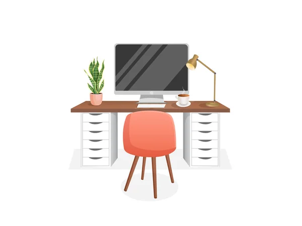 工作空间与计算机 灯和杯子在一个孤立的白色背景为家庭办公室 远程工作 自由职业 平面卡通风格的矢量插图 — 图库矢量图片