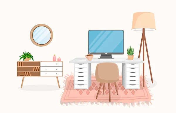 Interior Moderno Para Oficina Casa Con Computadora Gabinete Trabajo Remoto — Vector de stock