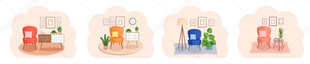 Set of cute interiors with an chair. Cute interior with modern furniture and plants. Living room interior. Vector flat style illustration. Trendy scandinavian hygge apartment. Collection