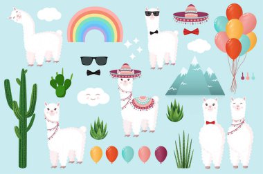 Mavi arka planda şirin ve şenlikli lama ve alpaka koleksiyonu. Kartpostal, poster, ambalaj kağıdı, tekstil, defter, koleksiyon defteri tasarımınız için dekoratif unsurlar.