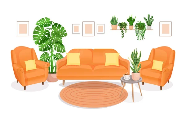 Moderna Sala Estar Interior Com Móveis Plantas Para Casa Projeto — Vetor de Stock