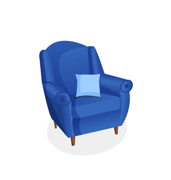 白い背景に枕を持つ居心地の良い青いアームチェア インテリア用のホームチェアのベクトルイラスト リビングルーム ベッドルーム ロビーのためのモダンな家具 アイコン — ストックベクタ