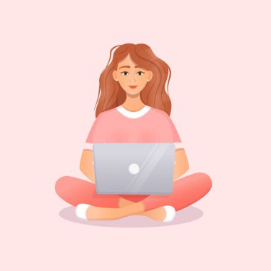 Şirin bir kadın doğada otururken dizüstü bilgisayarda oturuyor. Serbest çalışmanın düz vektör çizimi, evde çalışmak, iş, ofis, eğitim. Sosyal ağlarda uzaktan çalışma ve iletişim. Çizgi film biçimi