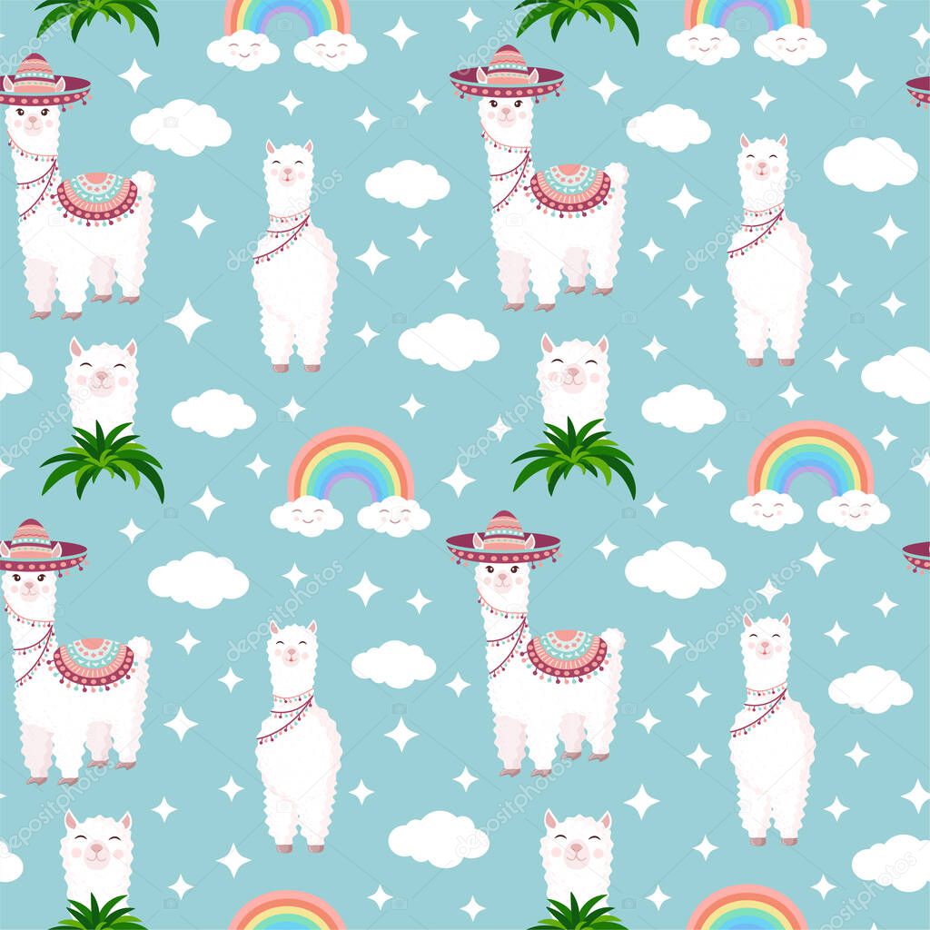 Seamless pattern with funny llamas in sombrero, clouds, stars and rainbows on a blue background. Vector illustration for baby texture, textile, fabric, poster, postcard, decor. Alpaca from Peru