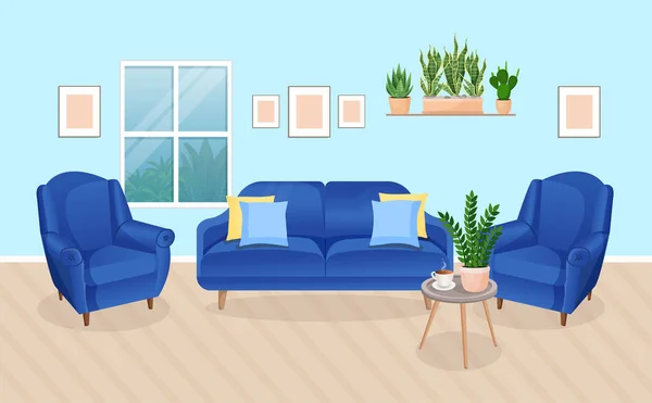 Interior Ruang Tamu Modern Dengan Furnitur Dan Tanaman Rumah Desain - Stok Vektor
