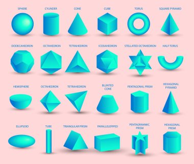 Pembe arka planda izole edilmiş gerçekçi 3D mavi geometrik şekiller. Matematiksel geometrik şekiller, gerçekçi şekiller. Platon kadar sağlam. Geometrik şekiller eğitim, iş, tasarım için simgeler