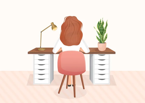 女自由职业者或女学生在一个孤立的背景下坐在一张桌子旁 那姑娘的背影远程工作的概念 家里的办公室 自由职业 矢量平面插图 — 图库矢量图片