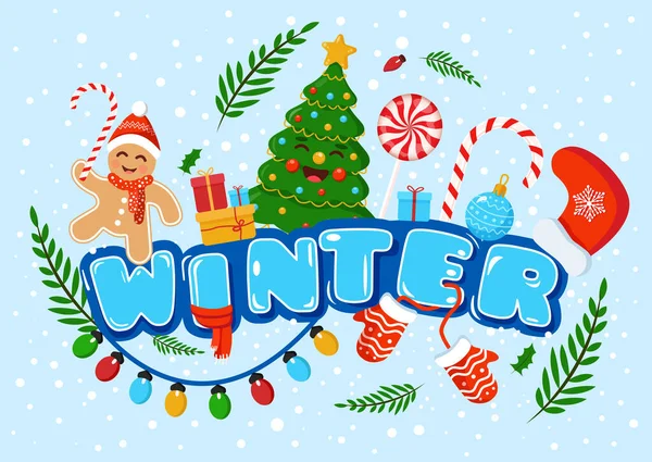 Winter Christmas Illustration Mit Baum Süßigkeiten Und Neujahrsdekoration Für Postkarte — Stockfoto