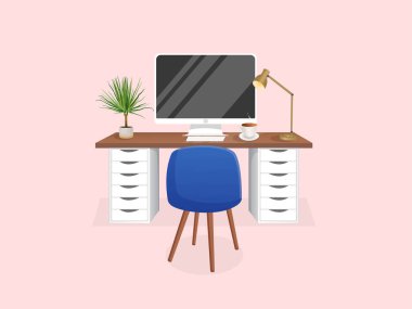 Çalışma alanı bilgisayar, masa, bitki, lamba ve fincanla ev ofisi, dolap, uzaktan çalışma, serbest çalışma, öğretmenlik için izole edilmiş pembe arka plan. Çizgi film tarzında vektör illüstrasyonu