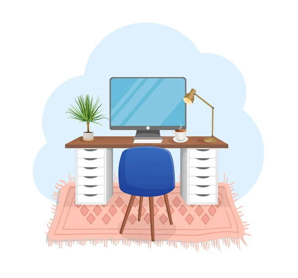 Workspace Computer Table Plant Chair Carpet Lamp Cup Isolated White — Stock Vector