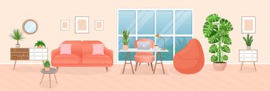 Evden çalışmak için rahat bir oda tasarlıyorum. Bilgisayarlı ofis, çalışma odası, dolap. Mobilya ve ev bitkileriyle dolu modern oturma odası. Vektör düz biçim illüstrasyonu