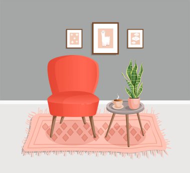 Modern mobilya ve bitkilerle dolu şirin gri bir iç mekan. Yumuşak koltuğu, masası, bitkileri, kahvesi, duvar resimleri, halısı olan rahat oda tasarımı. Oturma odasının içi. Vektör düz biçim illüstrasyonu