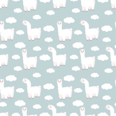 Tuhaf bir lama ve gri bir arka planda bulutlarla kusursuz bir desen. Bebek dokusu, tekstil, kumaş, poster, tebrik kartı ve dekor için uygun vektör çizimi. Peru 'dan tatlı alpaka.