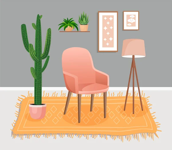 Schattig Grijs Interieur Met Moderne Meubels Planten Ontwerp Van Een — Stockvector