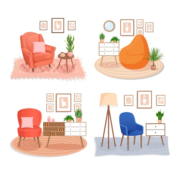 Conjunto Interiores Bonitos Com Cadeira Poltrona Saco Feijão Interior Bonito — Vetor de Stock