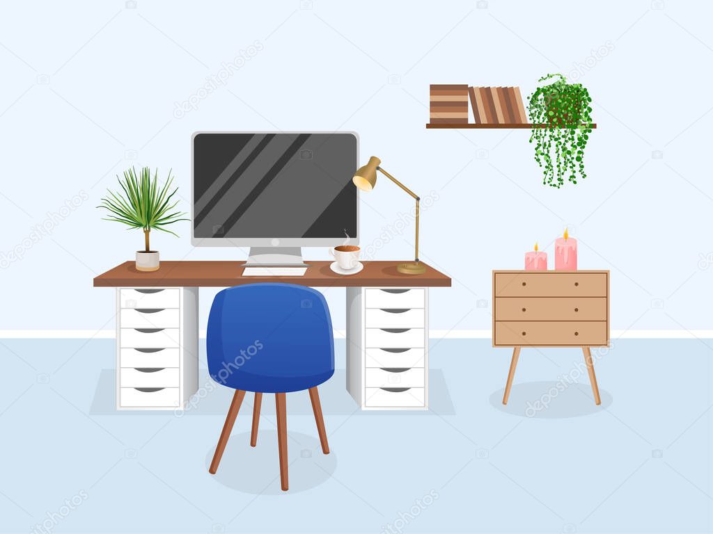 Cozy workplace with houseplants. Modern interior for home office with computer, cabinet, remote work, freelance, education. Vector illustration in flat cartoon style. Comfortable workspace and room