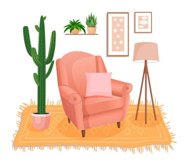 Modern mobilya ve bitkilerle güzel bir iç mekan. Yumuşak koltuğu, yastığı, duvar resimleri, halısı, lambası olan rahat bir oda tasarımı. Oturma odasının içi. Vektör düz biçim illüstrasyonu