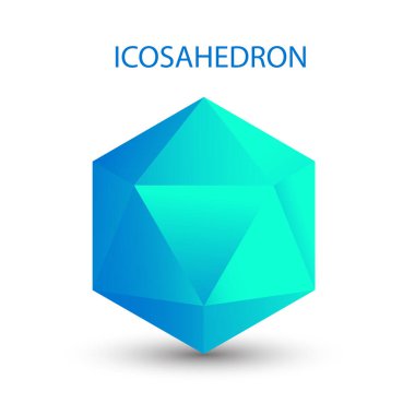 Oyun, ikon, ambalaj tasarımı, logo, mobil, ui, web gradyanı olan beyaz arkaplan üzerinde mavi bir ikosahedron tasviri. Platonik katı. Minimalist stil