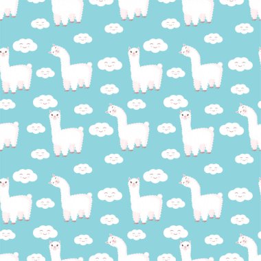 Tuhaf bir lama ve mavi arka planda bulutlar olan kusursuz bir desen. Bebek dokusu, tekstil, kumaş, poster, tebrik kartı ve dekor için uygun vektör çizimi. Peru 'dan tatlı alpaka.