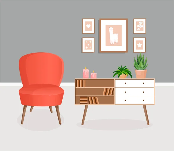 Lindo Interior Gris Con Muebles Plantas Modernas Diseño Una Acogedora — Archivo Imágenes Vectoriales