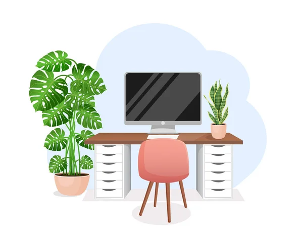 Cozy Workplace Houseplants Modern Interior Home Office Computer Cabinet Remote — Stock Vector