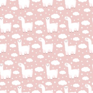 Komik lama, bulutlar ve pembe arka planda yıldızlar olan kusursuz bir desen. Bebek dokusu, tekstil, kumaş, poster, tebrik kartı ve dekor için uygun vektör çizimi. Peru 'dan tatlı alpaka..