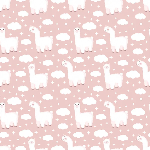 Naadloos patroon met grappige lama, wolken en sterren op een roze achtergrond. Vector illustratie geschikt voor baby textuur, textiel, stof, poster, wenskaart, decor. Leuke alpaca uit Peru. — Stockvector