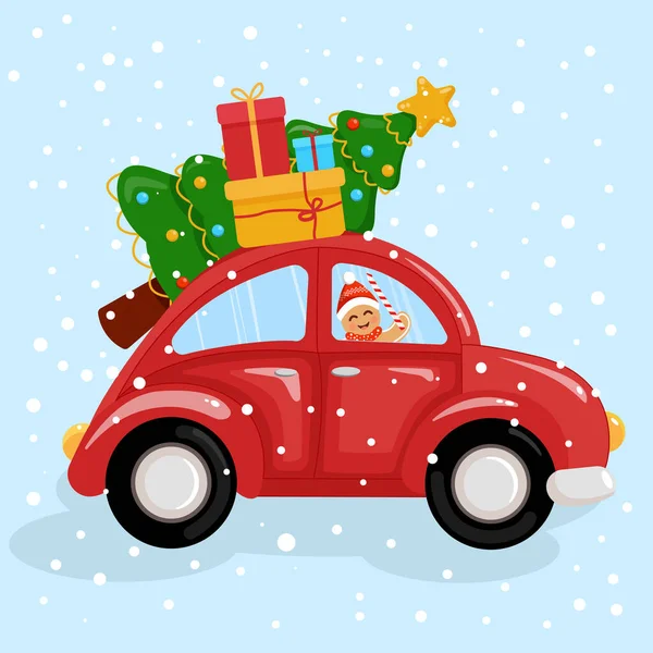 Natal Musim Dingin dan Tahun Baru mobil merah dengan hadiah. Ilustrasi untuk liburan musim dingin. Simbol, konsep tanda dan stiker. Gaya kartun terisolasi. — Stok Foto