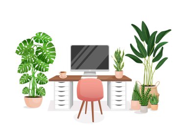 Ev bitkileriyle dolu rahat bir iş yeri. Bilgisayarlı, kabineli, uzaktan kumandalı, serbest çalışan, öğretmenlik yapan modern bir ofis. Çizgi film tarzında vektör illüstrasyonu. Rahat çalışma alanı