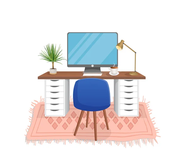 Interior Moderno Para Oficina Casa Con Computadora Gabinete Trabajo Remoto — Vector de stock