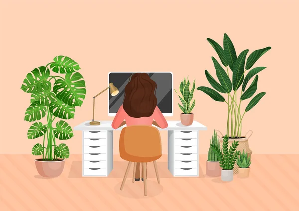 Femeie freelancer sau student stă la un birou la domiciliu de lucru. Vedere din spate a fetei. Conceptul de muncă la distanță, birou acasă, freelancing. Interior cu plante. Vector plat ilustrație . — Vector de stoc