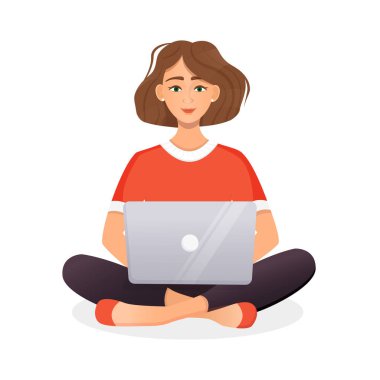 Kadın dizüstü bilgisayarda çalışıyor. Serbest çalışmanın düz vektör çizimi, evde çalışmak, iş, ofis, eğitim. Sosyal ağlarda uzaktan çalışma ve iletişim. Çizgi film biçimi