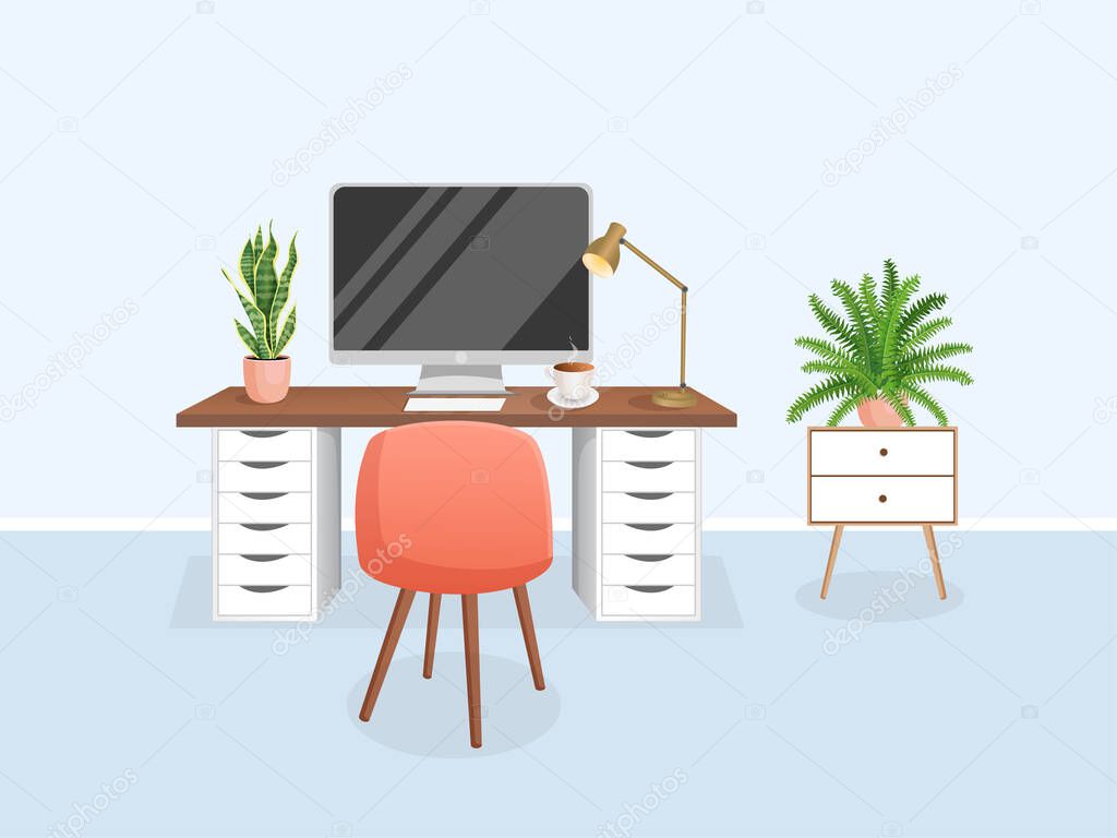 Cozy workplace with houseplants. Modern interior for home office with computer, cabinet, remote work, freelance, education. Vector illustration in flat cartoon style. Comfortable workspace and room