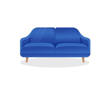 İzole edilmiş beyaz arka planda konforlu mavi kanepe. İç tasarım için şık bir ev kanepesinin vektör çizimi. Modern mobilyalar. Simge, öge