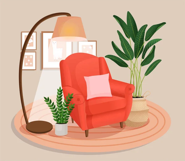Nettes Interieur Mit Modernen Möbeln Und Pflanzen Gemütliche Raumgestaltung Mit — Stockvektor