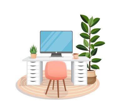 Çalışma alanı bilgisayar, masa, bitki, sandalye, halı ve fincanla ev ofisi, dolap, uzaktan çalışma, serbest çalışma, öğretmenlik için izole edilmiş beyaz arka plan. Çizgi film tarzında vektör illüstrasyonu