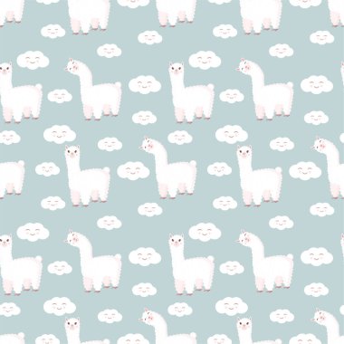 Tuhaf bir lama ve gri bir arka planda bulutlarla kusursuz bir desen. Bebek dokusu, tekstil, kumaş, poster, tebrik kartı ve dekor için uygun vektör çizimi. Peru 'dan tatlı alpaka.