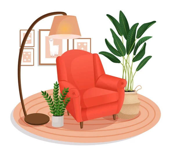 Милый Интерьер Современной Мебелью Растениями Уютный Дизайн Комнаты Мягким Креслом — стоковый вектор