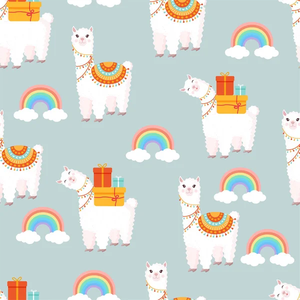 Modèle Sans Couture Avec Des Lamas Drôles Avec Des Cadeaux — Image vectorielle