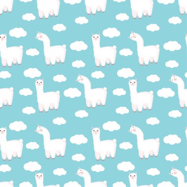 Tuhaf bir lama ve mavi arka planda bulutlar olan kusursuz bir desen. Bebek dokusu, tekstil, kumaş, poster, tebrik kartı ve dekor için uygun vektör çizimi. Peru 'dan tatlı alpaka.