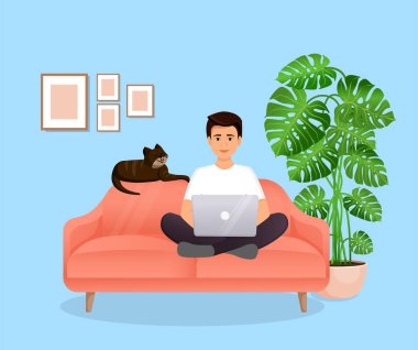 Adamın biri kedisiyle birlikte bir odada dizüstü bilgisayarla oturuyor. Serbest çalışmanın düz vektör çizimi, evde çalışmak, iş, ofis, eğitim. Sosyal ağlarda uzak çalışma ve iletişim
