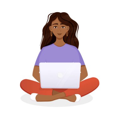 Kadın dizüstü bilgisayarda çalışıyor. Serbest çalışmanın düz vektör çizimi, evde çalışmak, iş, ofis, eğitim. Sosyal ağlarda uzaktan çalışma ve iletişim. Çizgi film biçimi