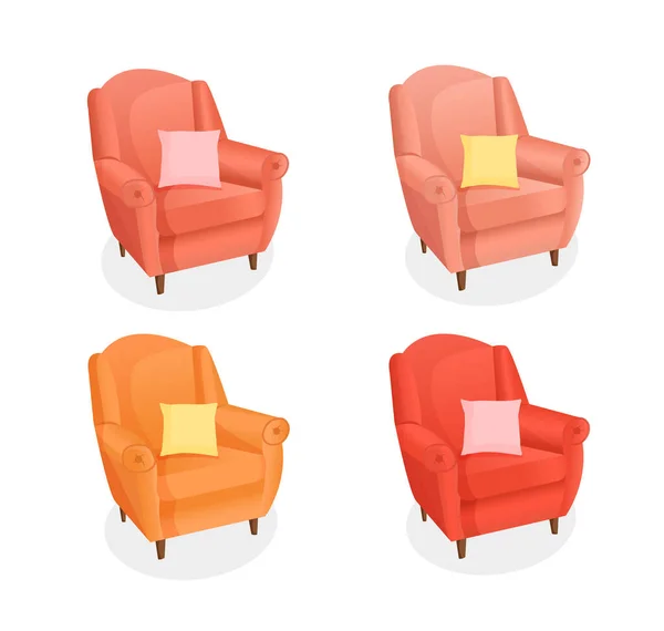 Set Von Gemütlichen Sesseln Mit Einem Kissen Auf Einem Isolierten — Stockvektor