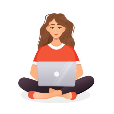 Kadın dizüstü bilgisayarda çalışıyor. Serbest çalışmanın düz vektör çizimi, evde çalışmak, iş, ofis, eğitim. Sosyal ağlarda uzaktan çalışma ve iletişim. Çizgi film biçimi