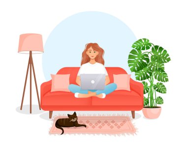 Kadın kedisiyle birlikte dizüstü bilgisayarla bir odada kanepede oturuyor. Serbest çalışmanın düz vektör çizimi, evde çalışmak, iş, ofis, eğitim. Sosyal ağlarda uzak çalışma ve iletişim.